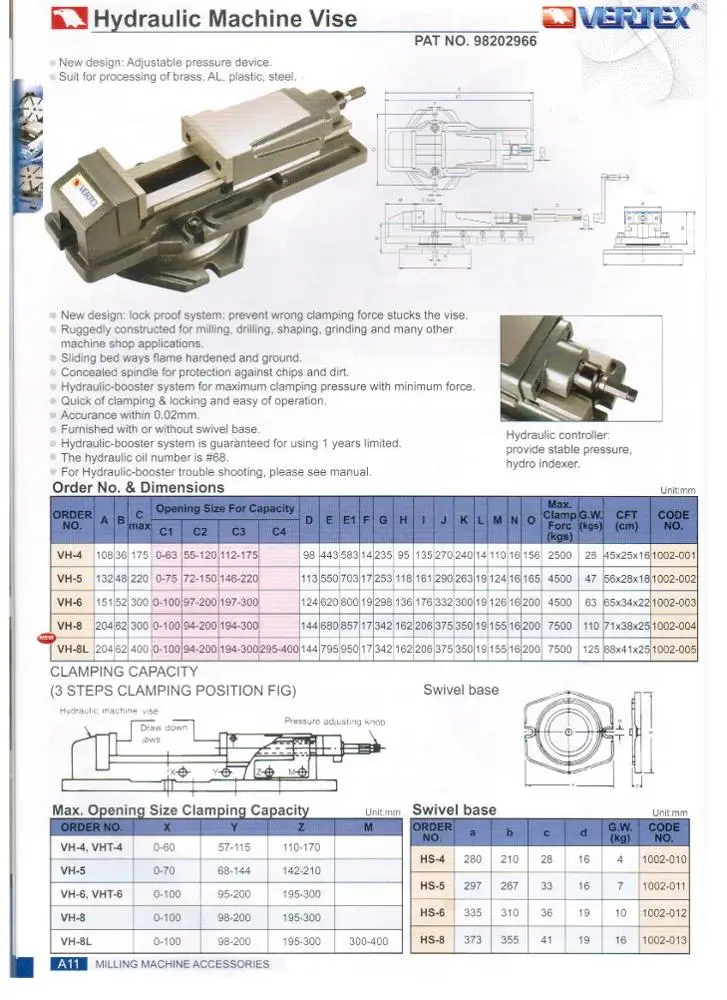 
VERTEX Hydraulic machine vise 0-300MM/CNC hydraulic vise VH-6-1/6 inches milling hydraulic vise 