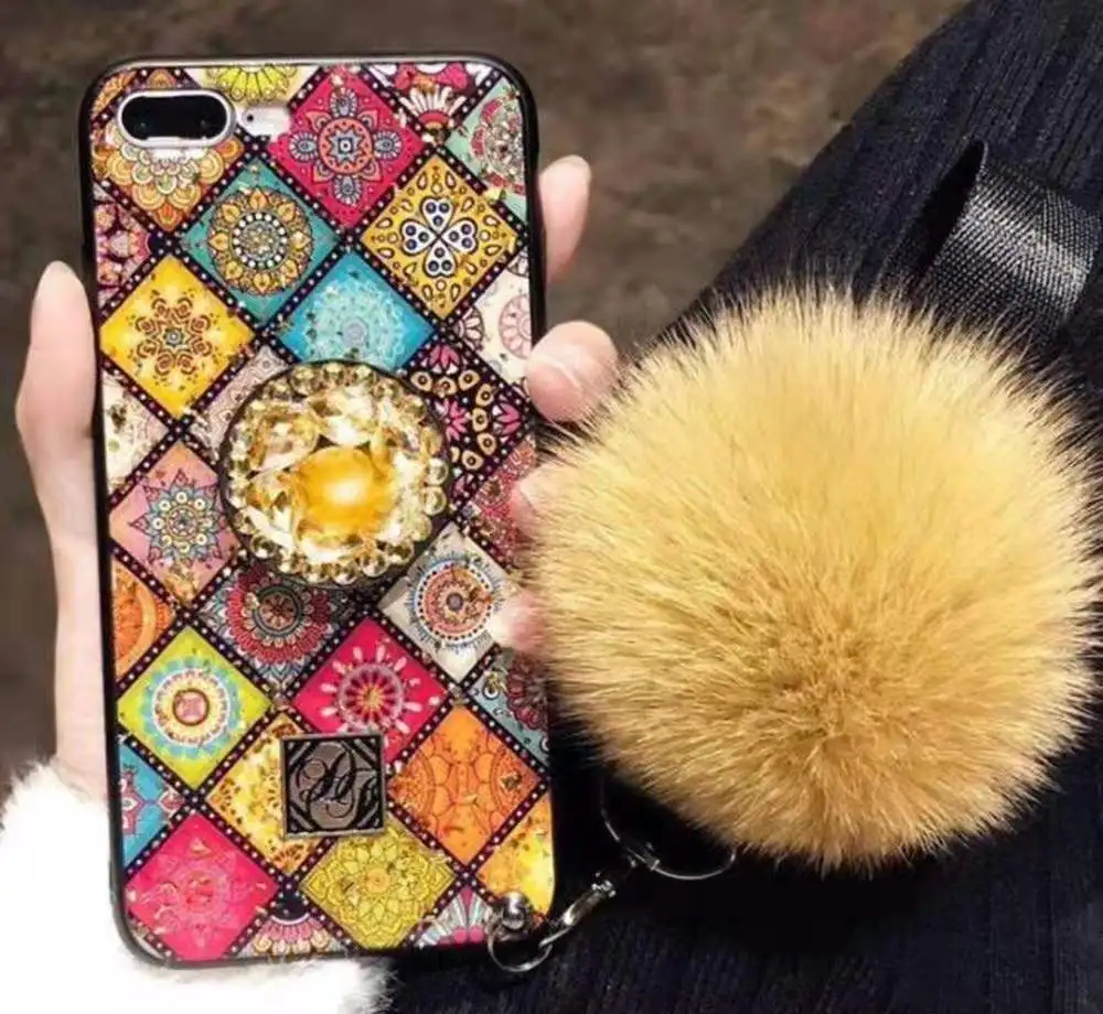 

Fur Ball Soft Rubber Bumper Bling Diamond Glitter Girls Case with Stand Holder/Wrist Strap For Iphone X XS/XR/XS MAX
