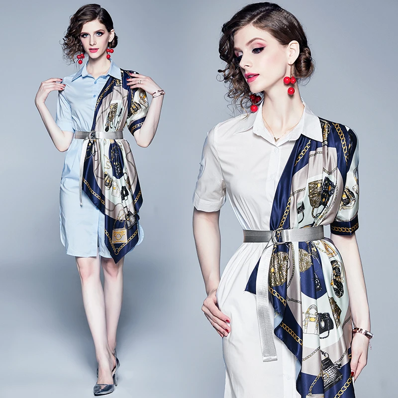 Customized fashion blue vintage printed short sleeve patchwork lace-up irregular two piece casual ladies polo shirt dress