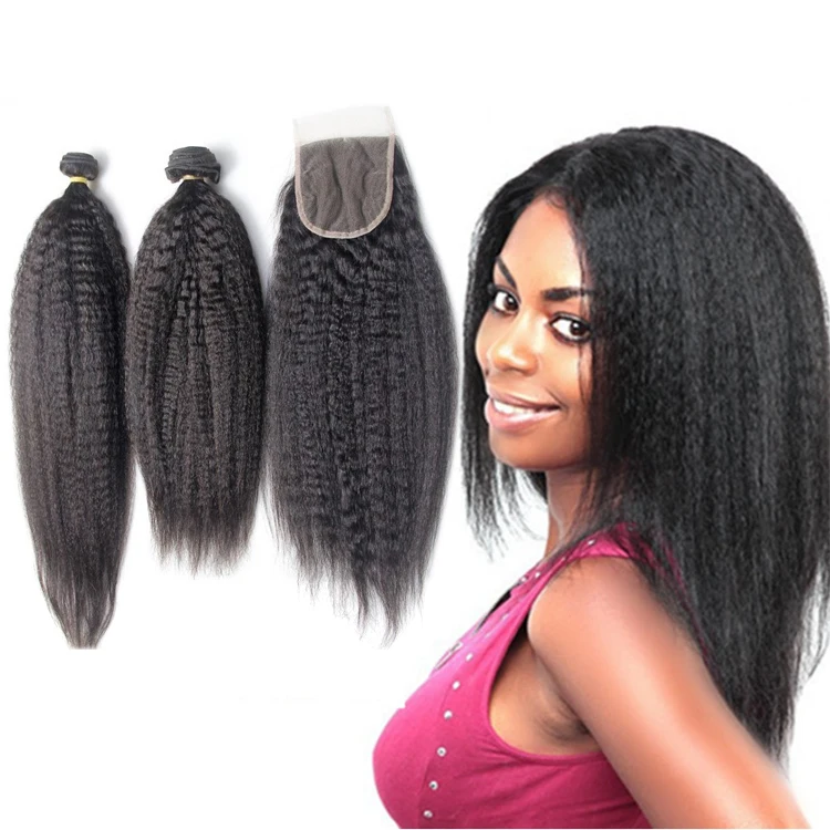 

Virgin cuticle aligned human weave mongolian kinky straight hair bundles with 4*4 lace frontal closure, Natural color