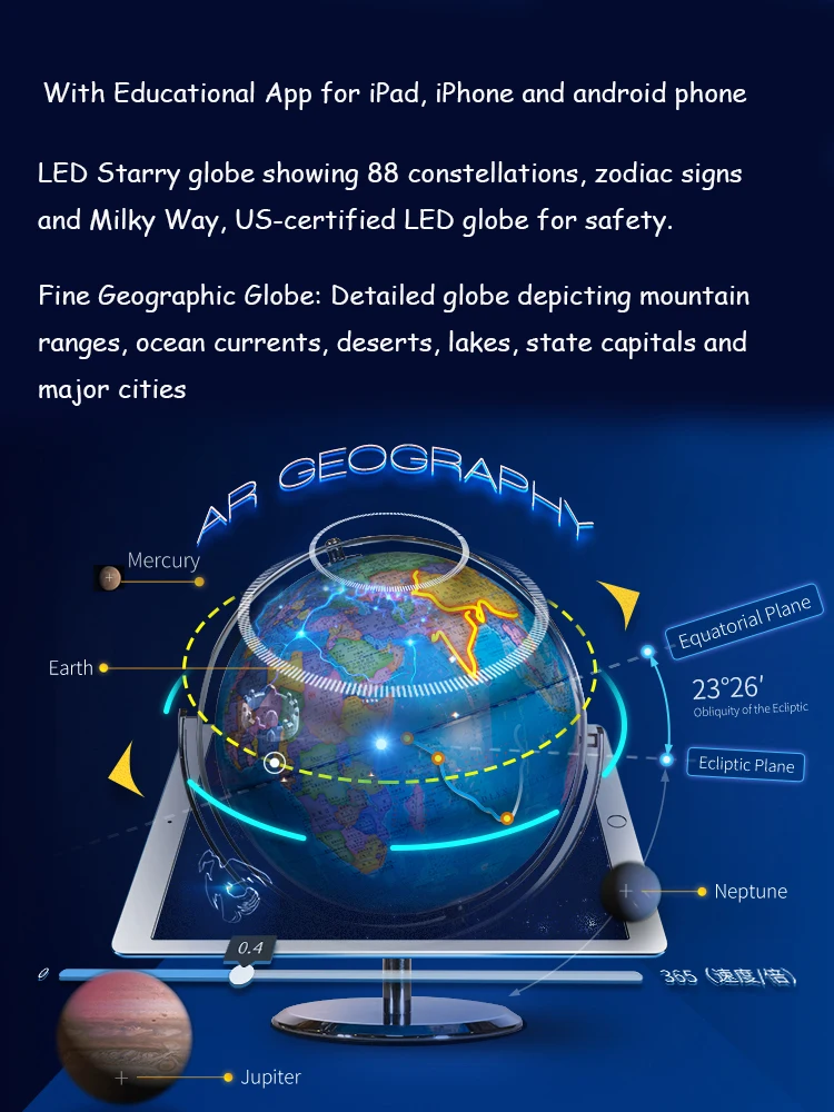 Illuminated Constellation World Globe for Kids - 3 in 1 Interactive Globe with Constellations, Light Up Smart Earth Globes