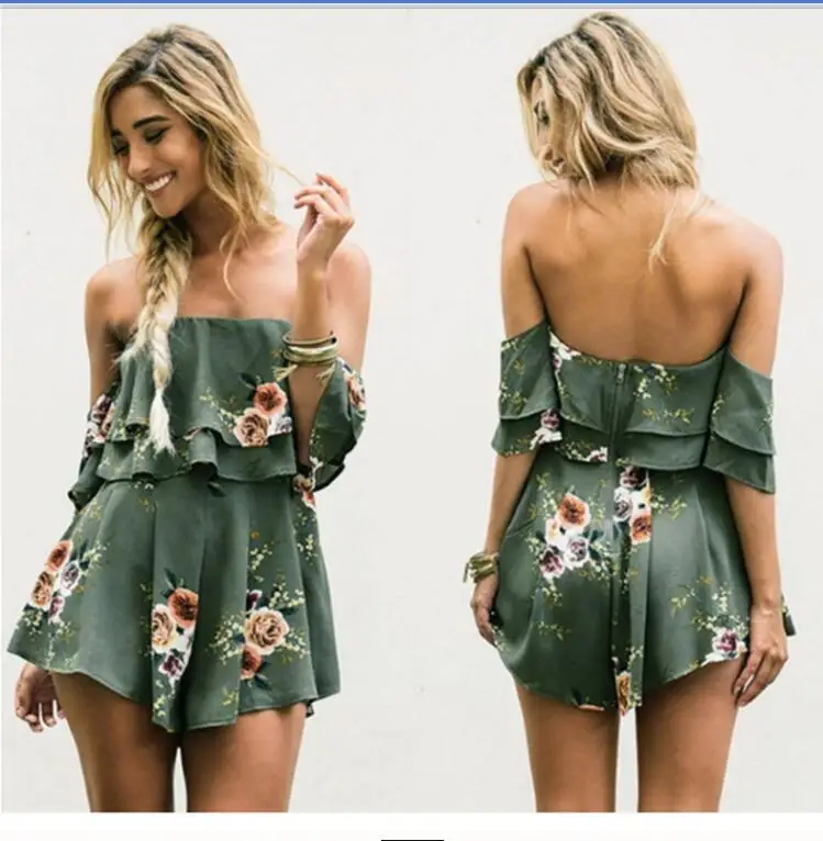 

2018 Amazon hot sale Europe US sexy playsuit strapless print ruffled trumpet sleeves Dresses women jumpsuits and rompers short, Green
