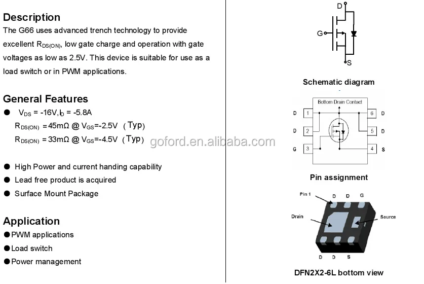 Mosfet Smd Transistor G66 Package Dfn 2*26l 16v 5.8a P Ch D313