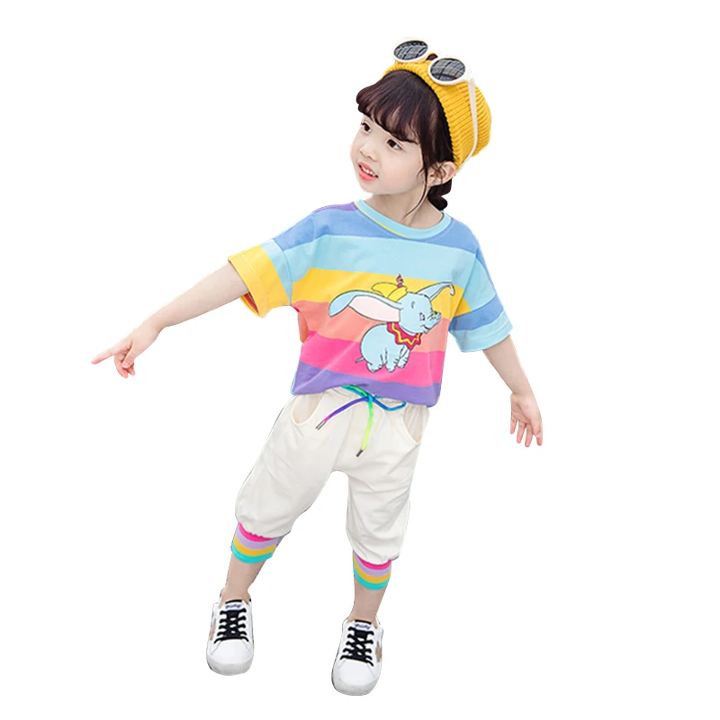 

Top grade little girls' sets summer clothing kids rainbow stripes sets, Picture shows