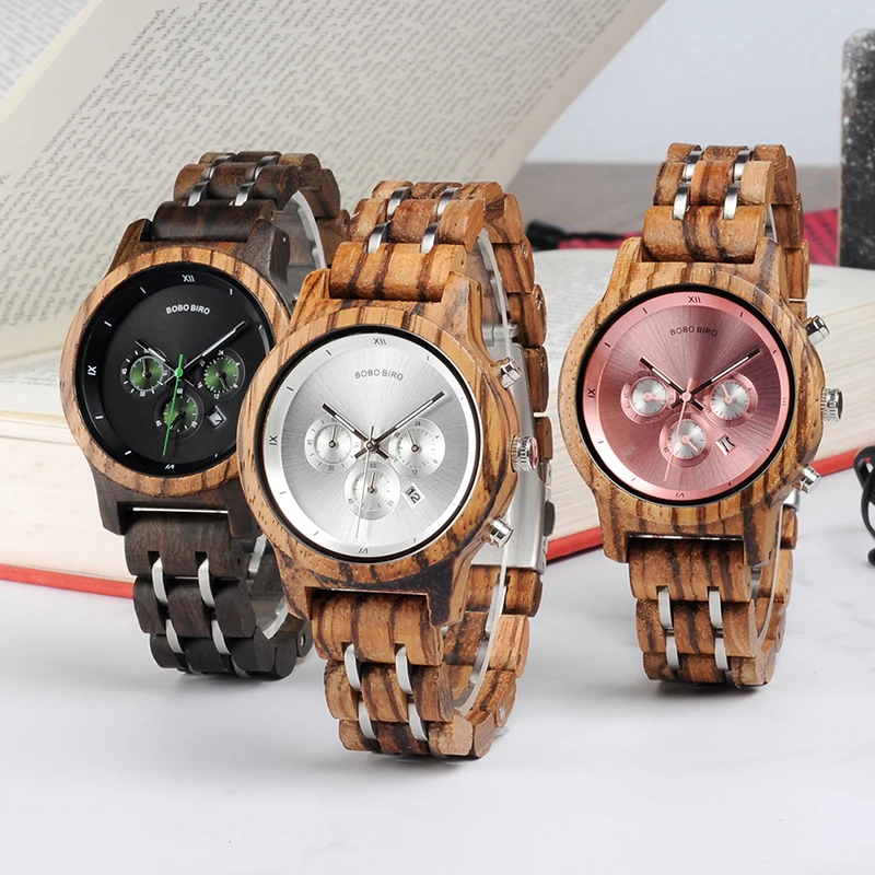 

BOBO BIRD Vintage Women Chronograph Military Wooden Watches Stainless Steel Watch in wood box