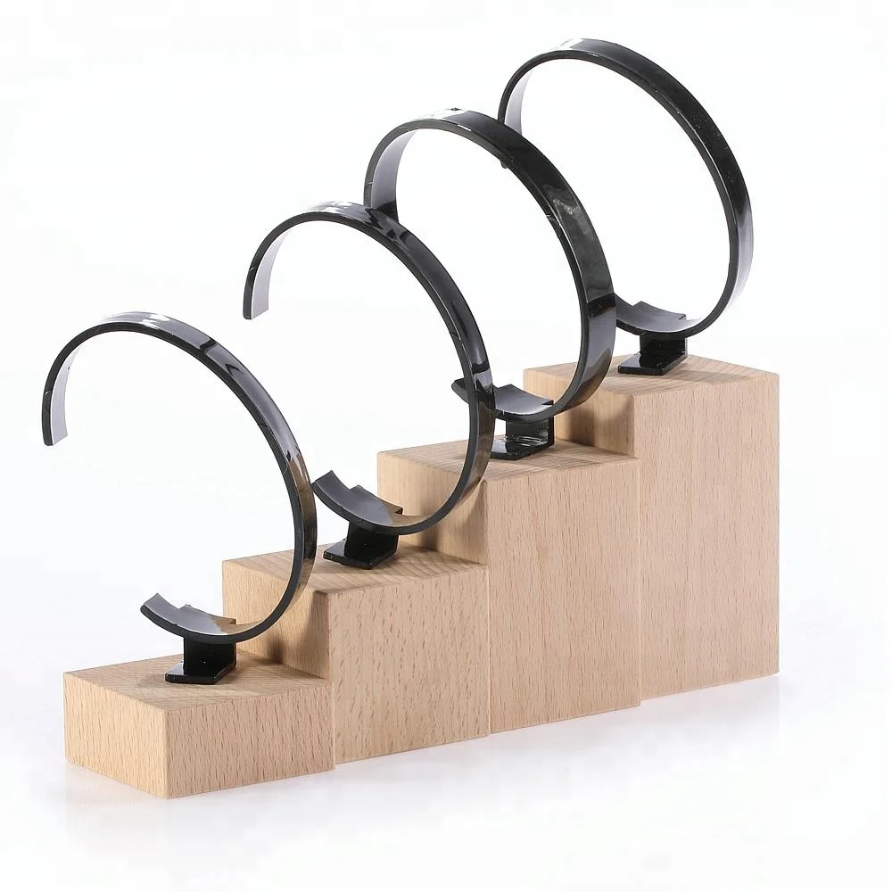 

4 Pieces Beech Cabinet Jewelry Wood Exhibitor Timber Watch Display Stand Holder with Removable C Ring Circle