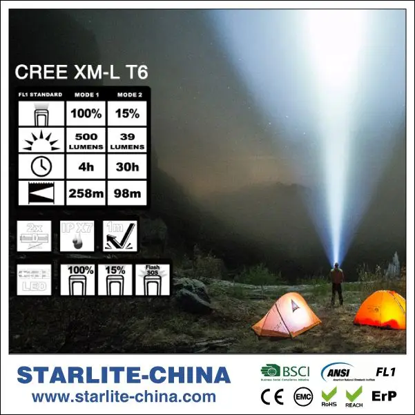 
STARLITE aluminum alloy high brightness T6 500LM self defence flashlight 