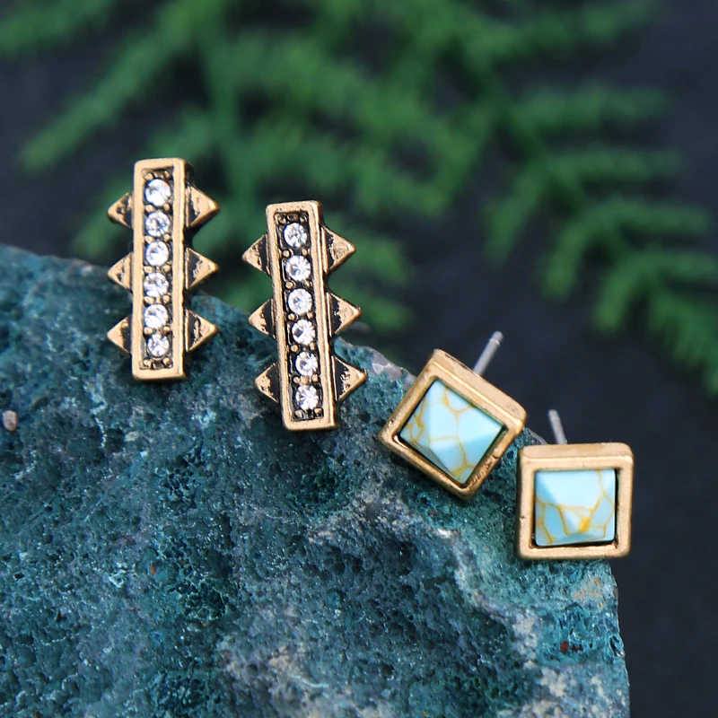 

ed0038b Vintage Bohemian Square Stone Diamond-encrusted Rectangular Serrated Stud Earrings