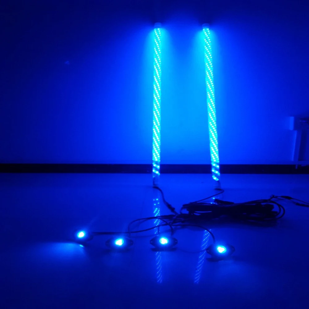 2pcs 3FT LED Whip+4Pods Under Car Glowing Rock Light RGB Color with Strobe Pattern