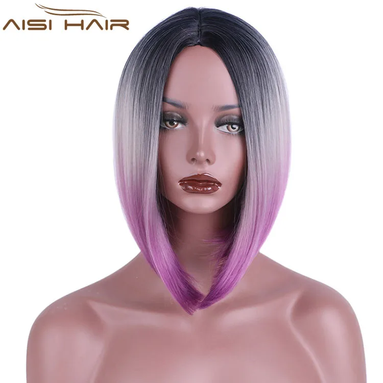 

Aisi Hair Wholesale Price Short Straight Ombre Grey Purple Synthetic Bob Wigs For Black Women, N/a
