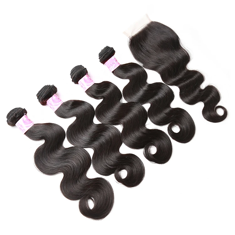 

JP Body Wave 3 Bundles With Closure Brazilian Hair Weave Bundles Human Hair Bundles With Closure Remy Hair Extensions, Natural color ( near 1b# )