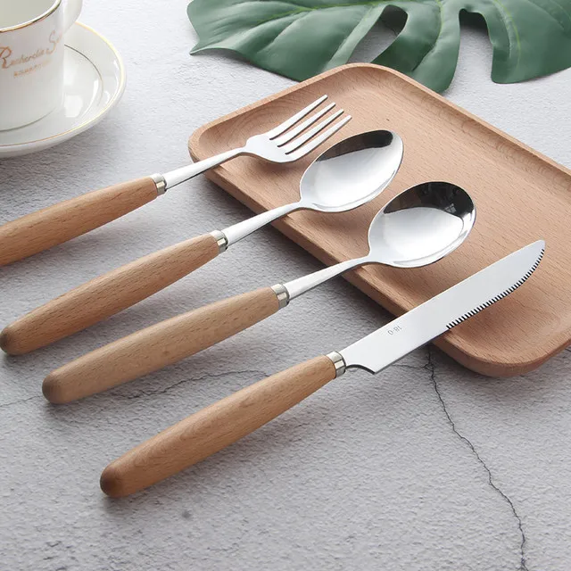 

wooden handle stainless steel flatware sets, Silver and brown