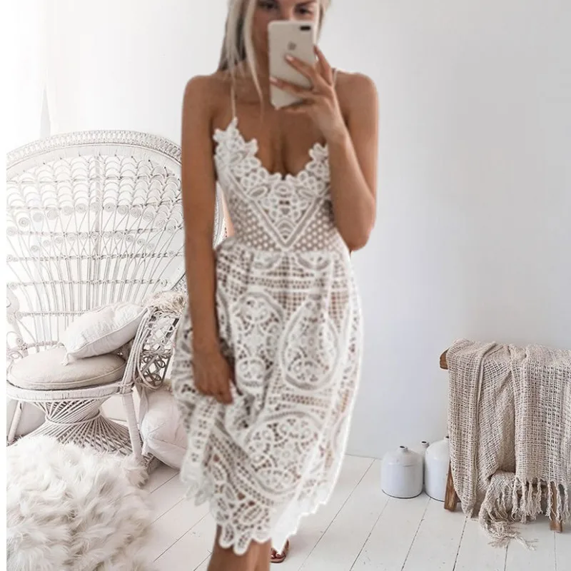

Luxury Runway fashion design water white black sexy hollow out soluble lace dress ladies embroidery casual evening dress women, Picture