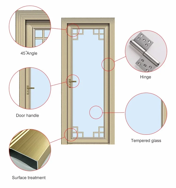 construction single pane aluminium interior french frosted double tempered glass bathroom door casement swing door