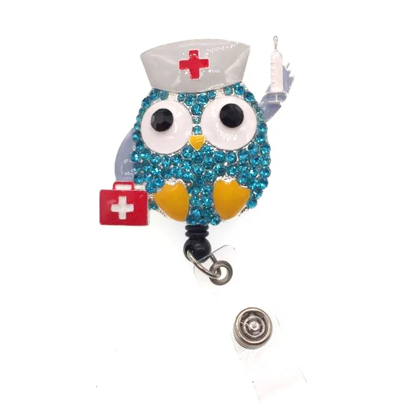 

Fancy Rhinestone sparkly cute nursing medical owl animal Retractable ID Badge Holder reel for nurse, As picture