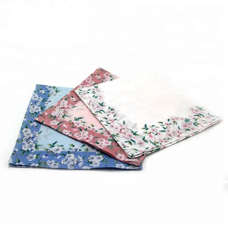 Custom Printed Floral Design Organic Cotton Handkerchief With Scallop