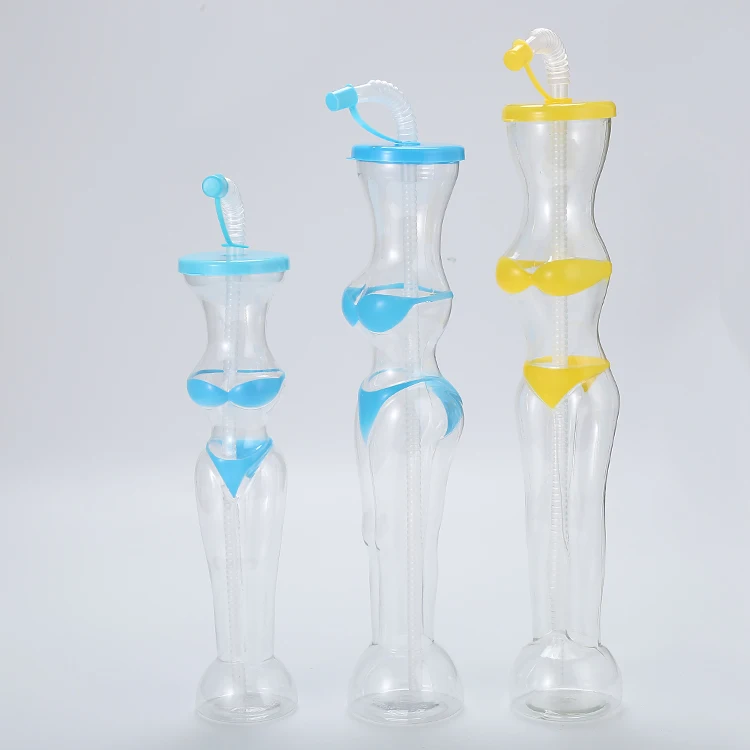 

T091 Food grade PET long neck drink bottles creative bikini beauty straw cup plastic water bottle