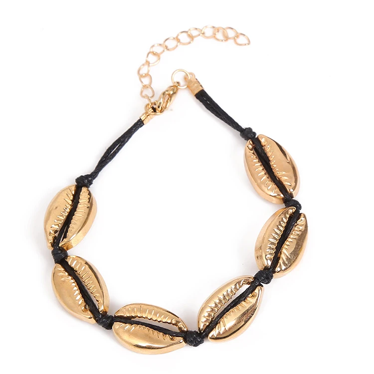 

Best Selling Gold Plated Alloy Shell Bangle Black Rope Beach Shell Bracelet, As picture