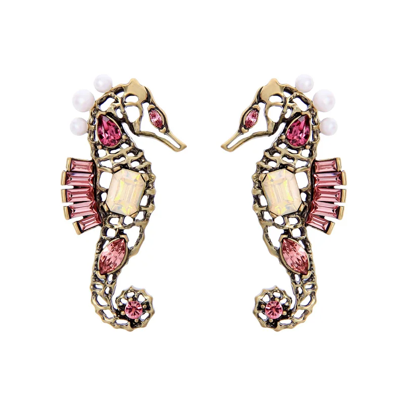 

ed00291c Seahorse Charm Pink Crystal Stud Earrings, Gold