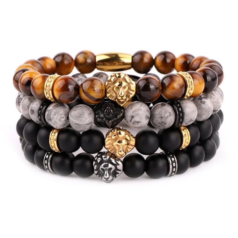 

New style Vintage Gemstones Jewelry DIY Lion Head Accessories Charms Bracelet Bangle Mens Tiger Eye Stone Bead Charm Bracelet, Picture