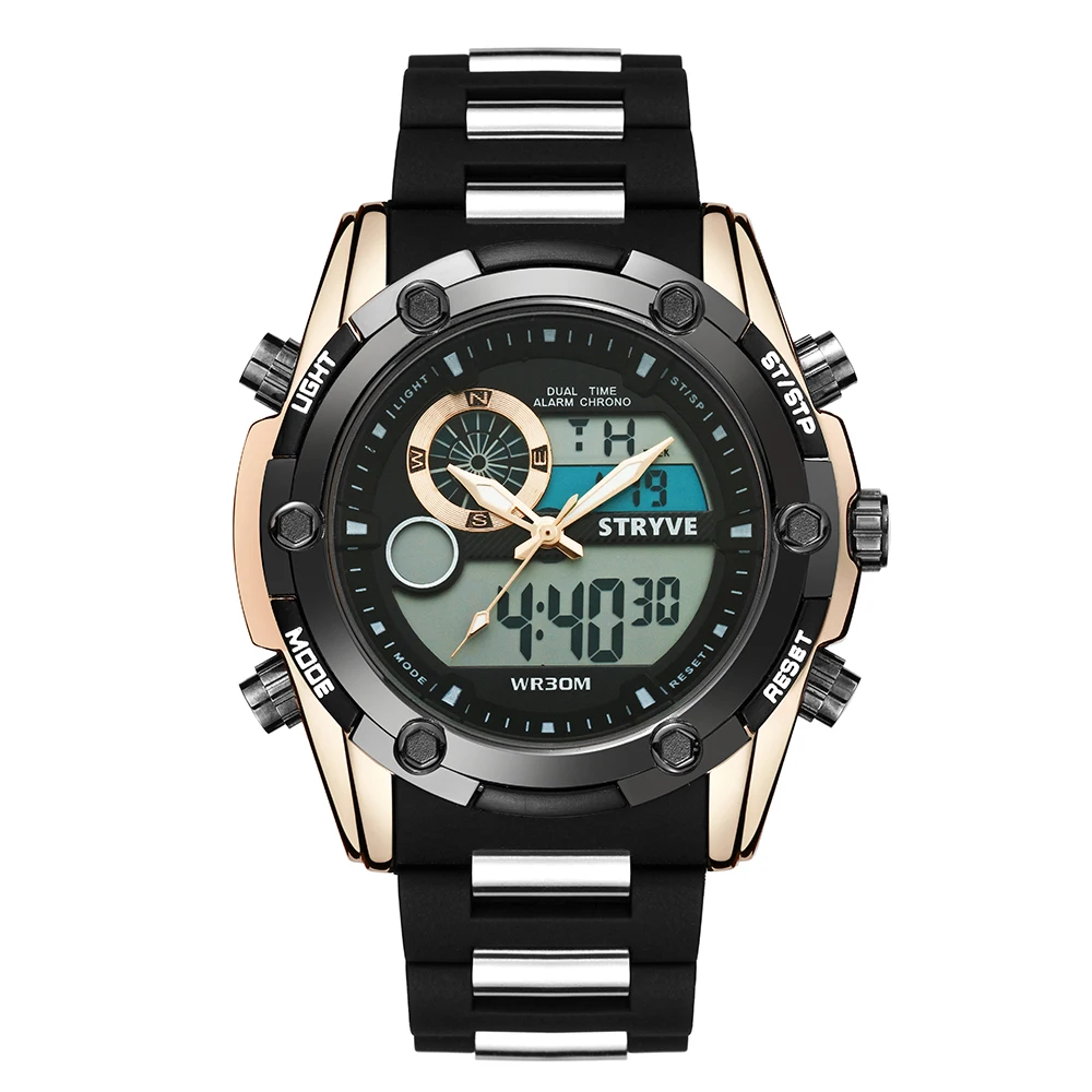 

Hot Sale Dual Time Watches For Men Quartz Digital Clock Stryve 8006 Brand Military Big Dial Waterproof Swim Sports Men Led Watch