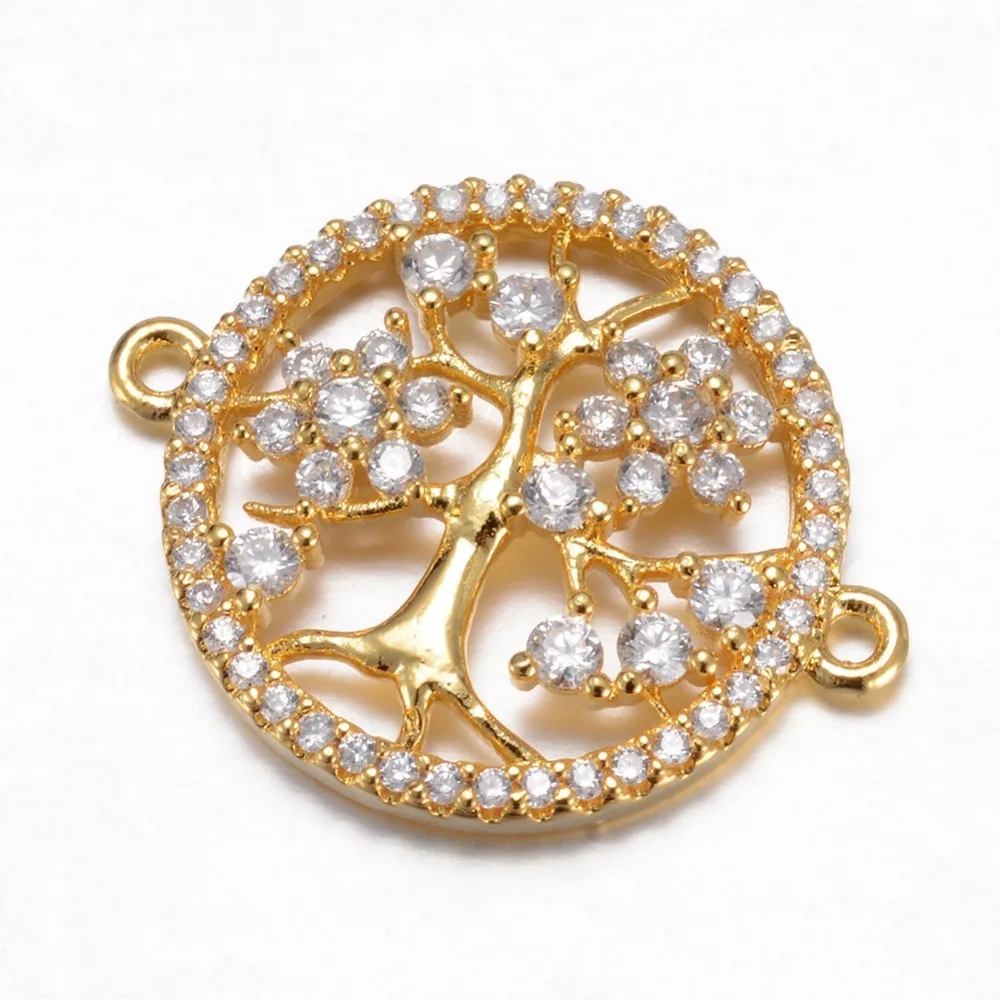 

Pandahall Golden Brass Flat Round Micro Pave Cubic Zircon Links with Tree of Life