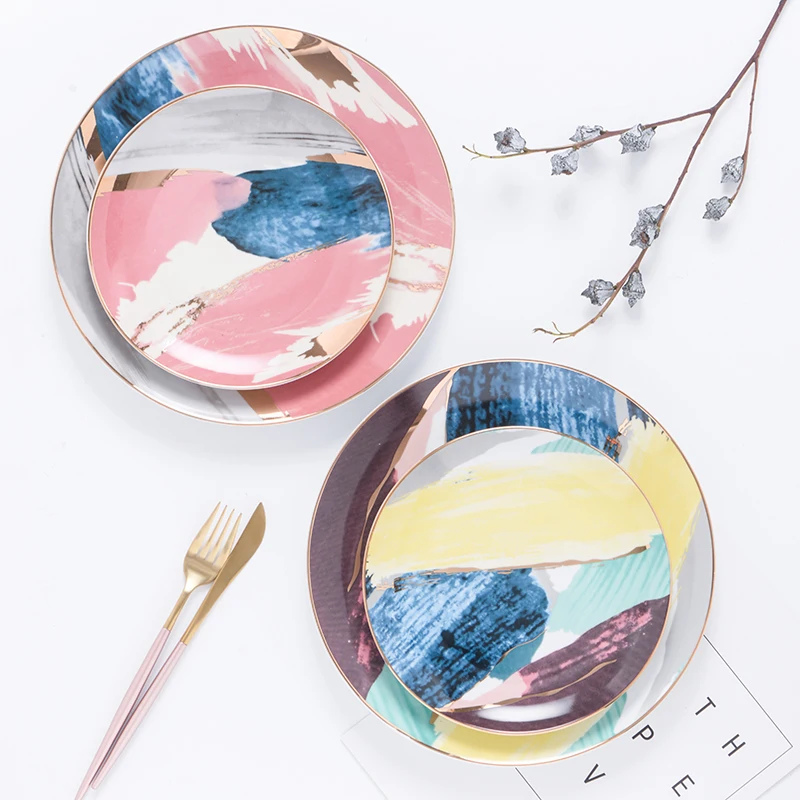 Colorful noble nordic tableware rainbow design italian  dinnerware ceramic plates set 