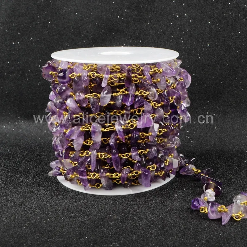 Jt053 Natural Amethyst Beads Stainless Steel Gold Chain Wholesale