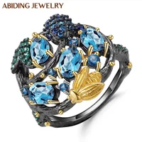

Abiding Luxury Natural Style 925 Sterling Silver Handmade Fine Jewelry Natural Swiss Blue Topaz Ring Gold Bee Rings