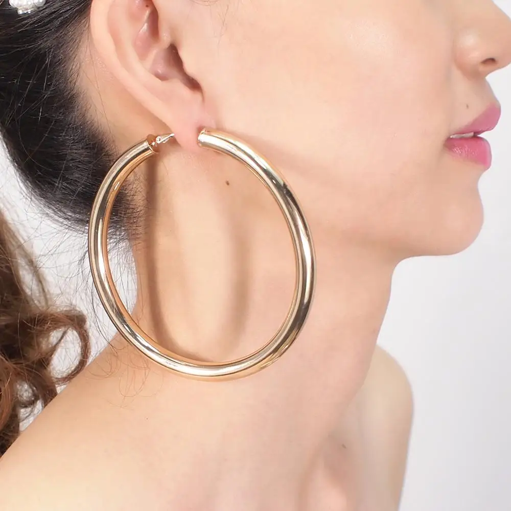 

90mm Diameter Wide Copper Hoop Earrings Trend Round Metal Statement Big Earrings Gold Plated Accessories For Women Jewelry, Gold,silver