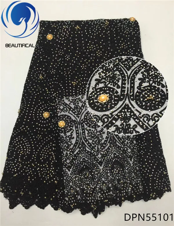 

Beautificial 2018 New arrival african tulle lace fabric with beads/stoens Black nigerian lace fabric for wedding 5yards DPN551, Customized