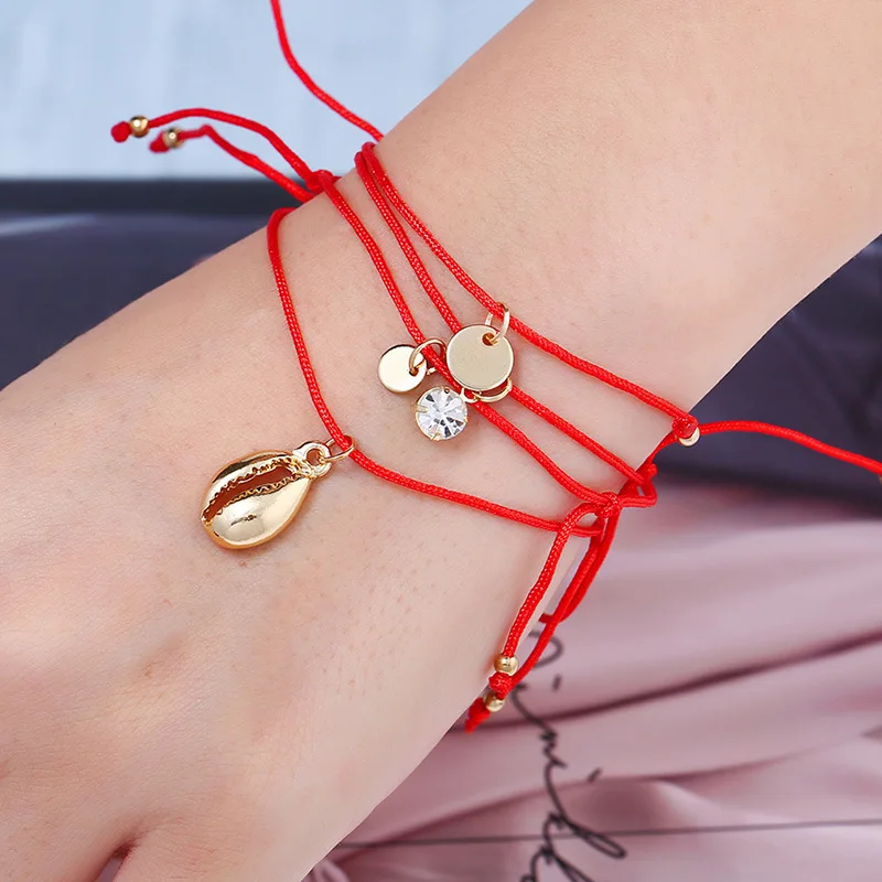 4 Pcs /set Unisex Gold Coin Crystal Shell Charms Handmade Rope Red String Bracelet Red Thread