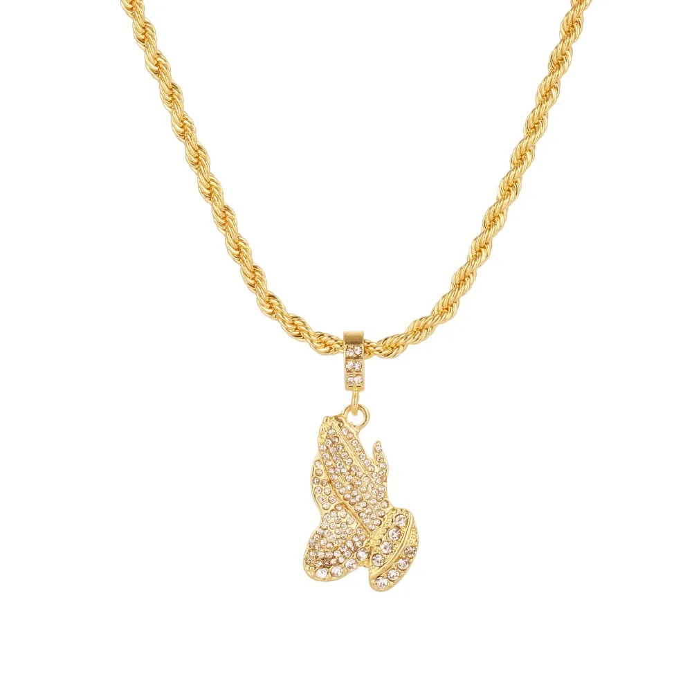

Hiphop Iced Out 14k Gold Small Micropave Praying Hands Pendant Necklace, N/a