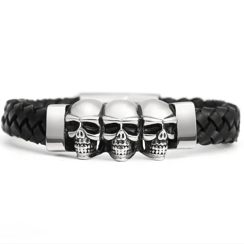 

clasp magnetic skull bracelet leather stainless steel jewelry for men, Silver