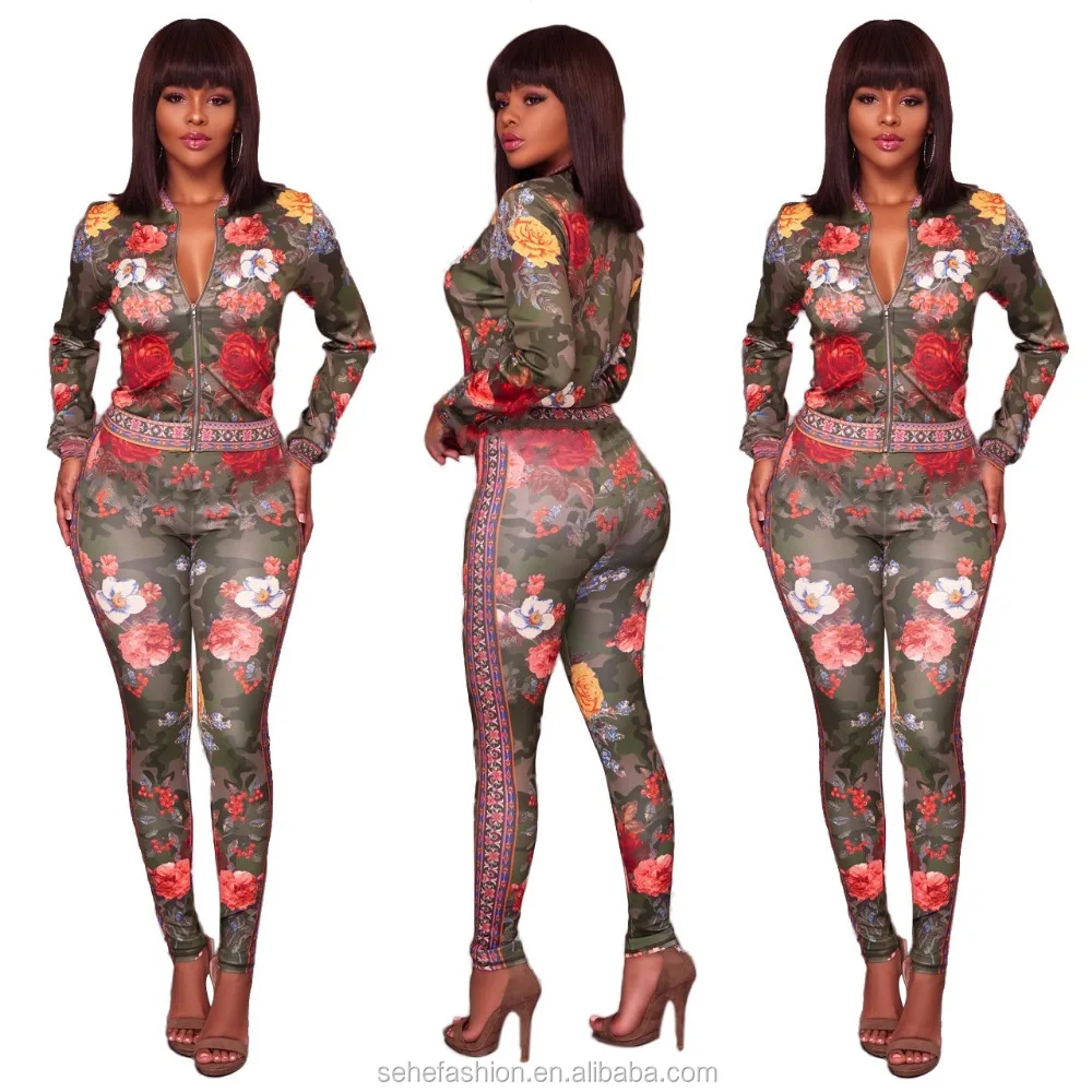 

1130-LS6 NEW fashion Sexy clothing factory direct Wholesale flower printed jacket and pants 2 pieces sets jumpsuits for women, N/a
