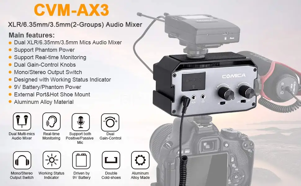 Unterstützung Echtzeit-Überwachung 3,5 mm Comica CVM-AX3 Audiomixer Adapter Vorverstärker Dual XLR 6,35 mm Port Kamera Mixer für Canon Nikon Sony Panasonic DSLR Kamera Camcorder 