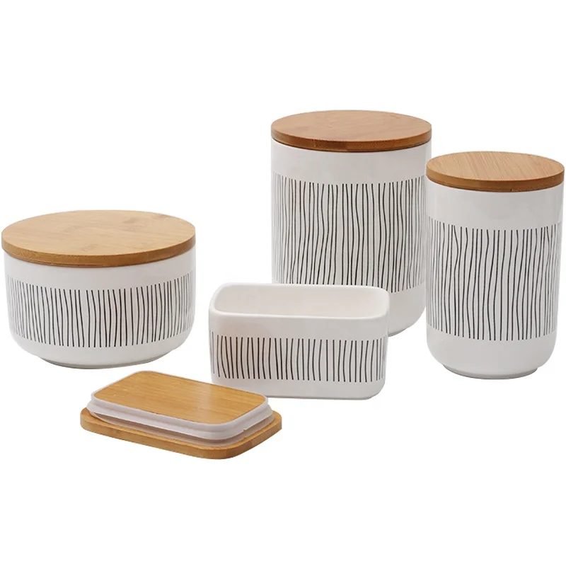 

Ceramic Food Storage Jars Strong Seal Damp-proof with Bamboo Lid Cover, White