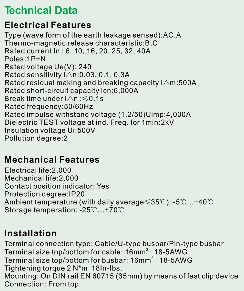 DPN RCBO 6KA Type C and B 6A 10A 16A 20A 25A 32A 40A 18mm 1P+N RCBO