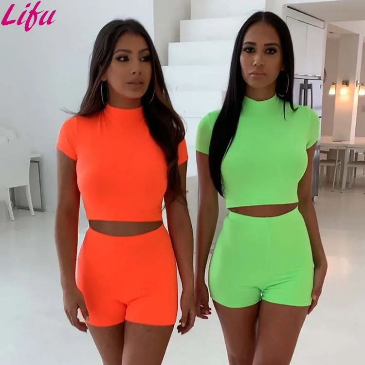

Lifu Wholesale Fitness Clothing Short Sleeve Ladies Gym Wear Sets Outfit Short 2 Pieces Women Clothing, Orange/green