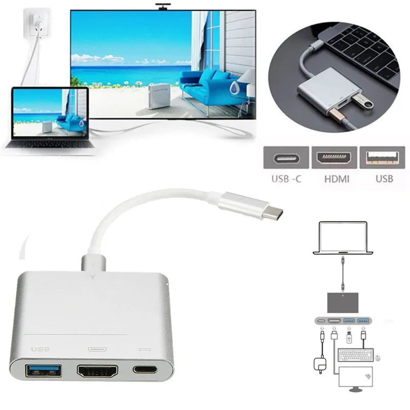 

3 in 1 USB Hub 10Gbps USB 3.1 Type-C to 4K SB 3.0 HUB USB Charging Adapter for MacBook 12" for Google for Chromebook Pixel