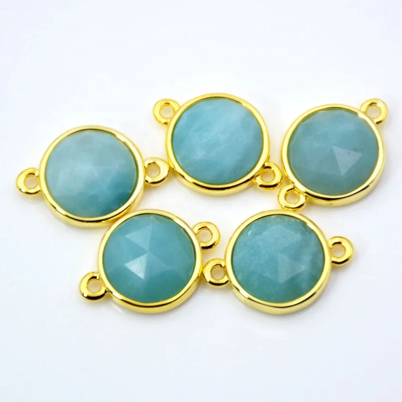 

Natural amazon stone connector Faceted round Gemstone charms tiny jewelry gold plated amazonium findings double bail pendant, Blue amazon stone