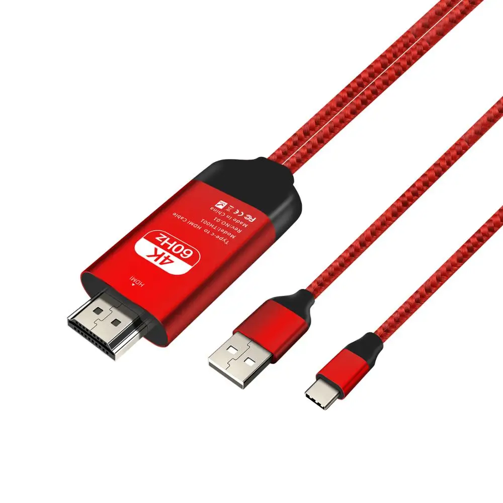 

2019 wholesale price Braided 2M cables for Ipone and Android with resolution up to 4K*2K USB C Type C to HDMI cables, Black/red