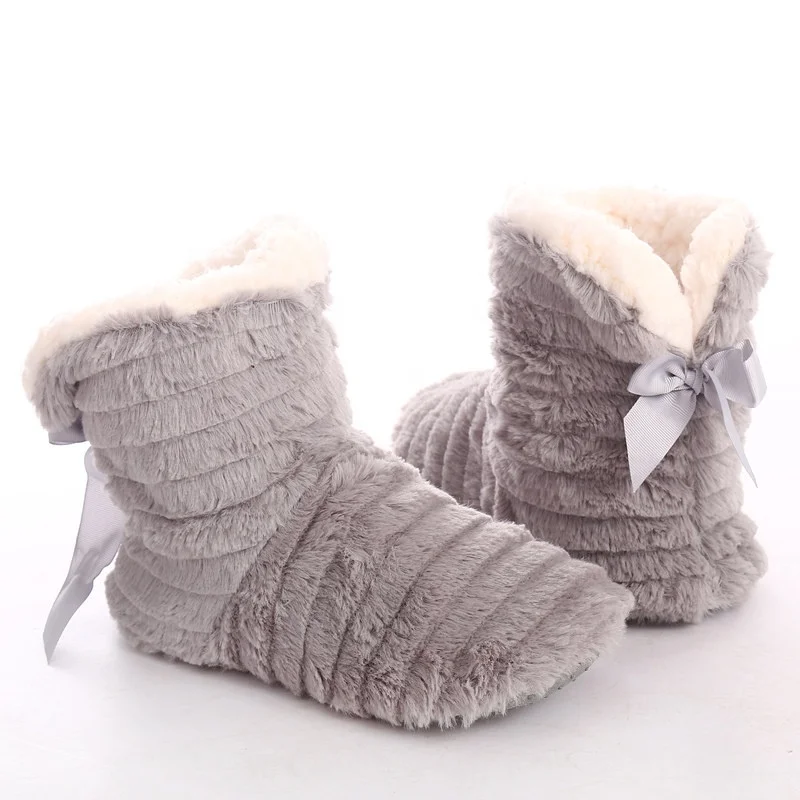 

Amazon hot sale women anti-slip sole plush indoor snow boots slipper with bowknot