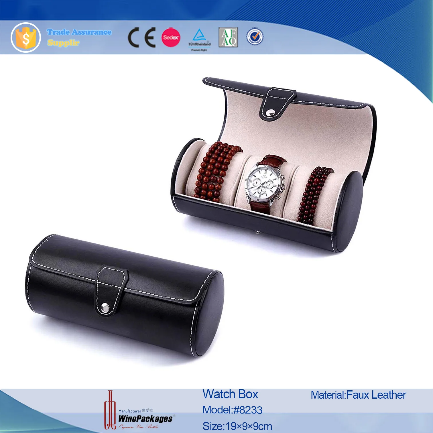 Elegant leather manual watch box for three watches