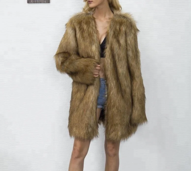 

Fashion Fur Long Fur Coat V-neck Design Winter Women's Clothing, Brown