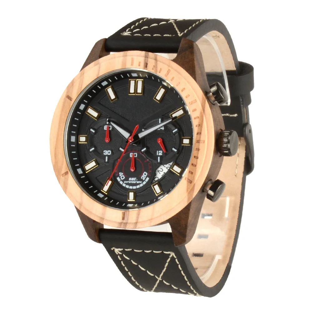 

Custom logo new design men chronograph watch stainless steel caseback wood watch with 45mm men size bezel and leather strap