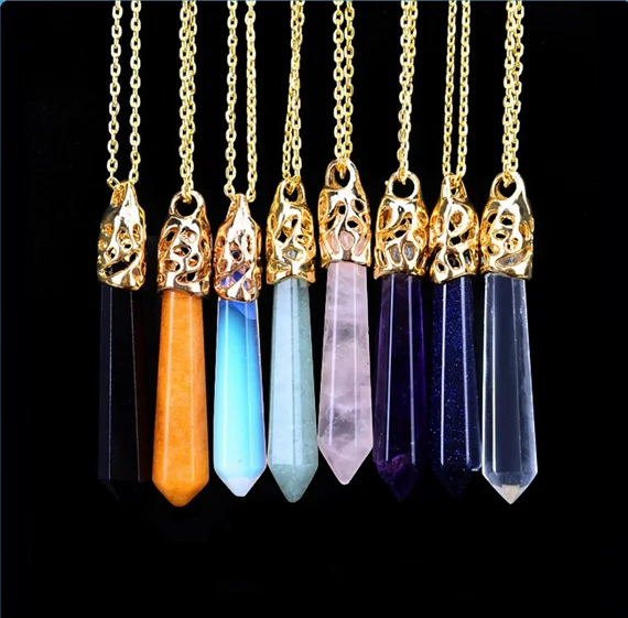 

Natural Gemstone Long Hexagonal Healing Chakra Reiki Pendant Chain Necklace Gift, Transparent;pink;black;blue;purple