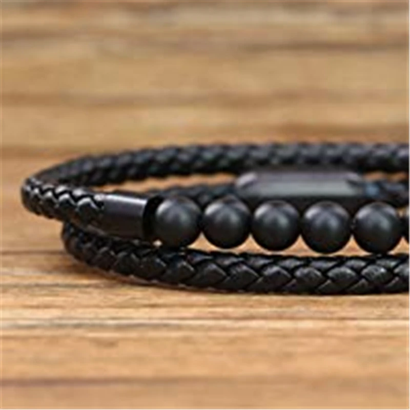 Fashion stainless steel magnet buckle genuine leather agate double layer bead bracelet