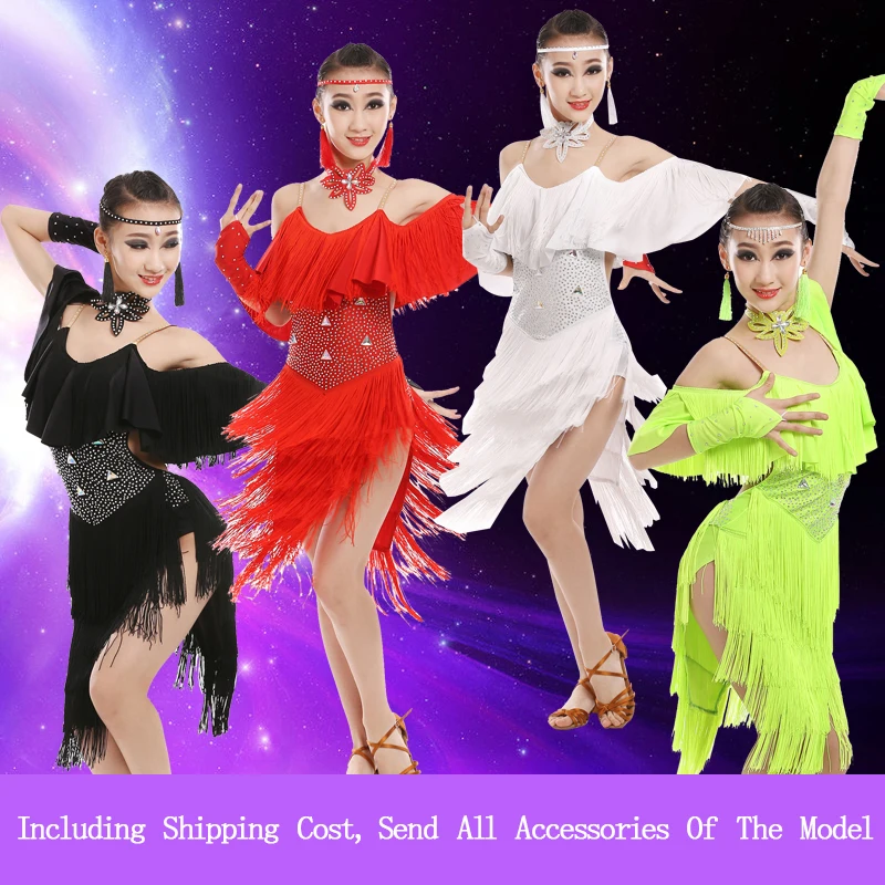 

Popular Girls Tassel Latin Dance Dresses Wear For Stage Cha Cha / Rumba / Samba / Jive / Quick Step 4 Color ZH1002