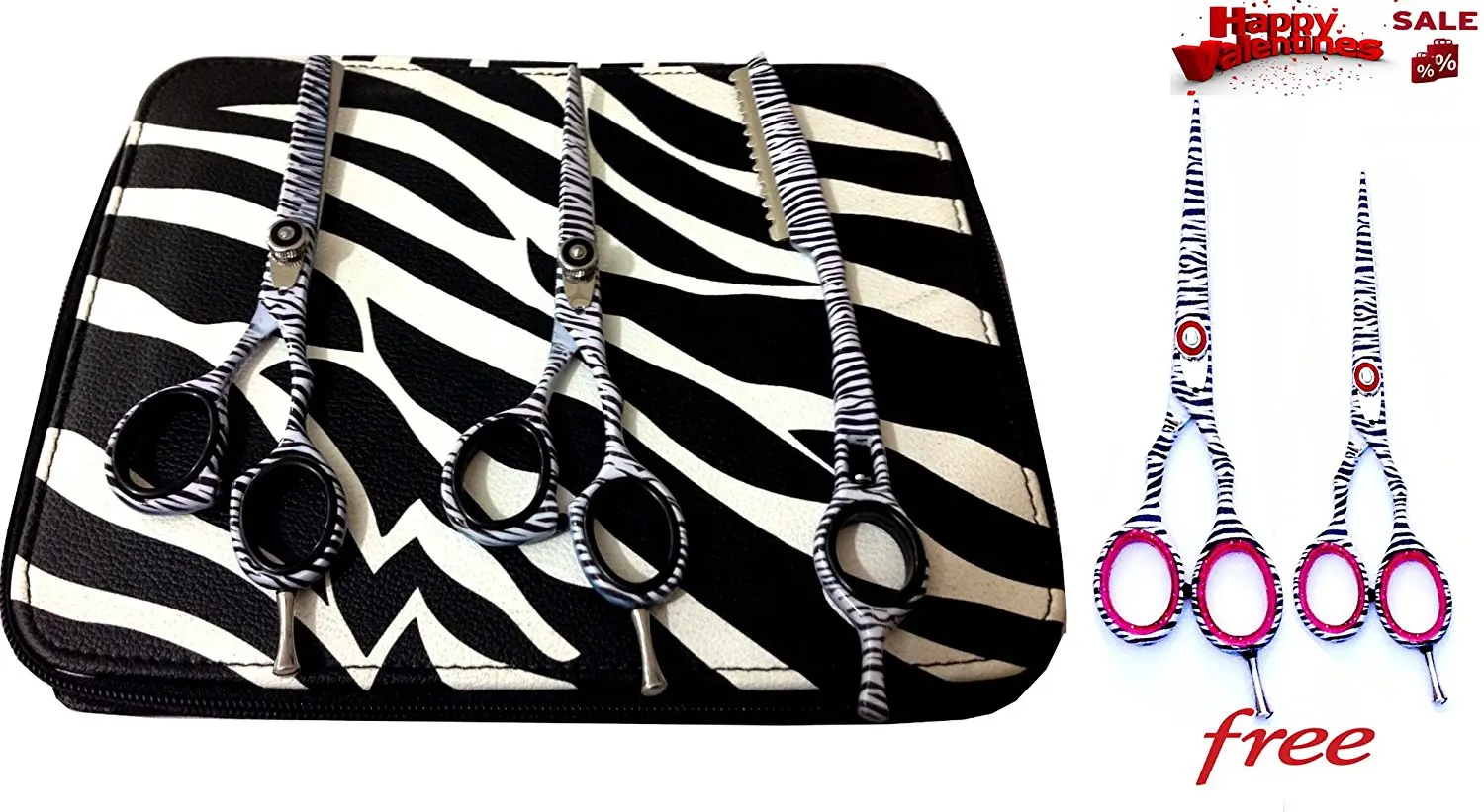 New Japanese J2 Stainless Steel Pro Razor Edge Barber Hair Cutting Scissors Shears Barber Thinning Scissors Shears and Hair Thinning Razor 5.5",5.5"& 5.5" + Free White Zebra 5.5" & 4.5" Shears Set